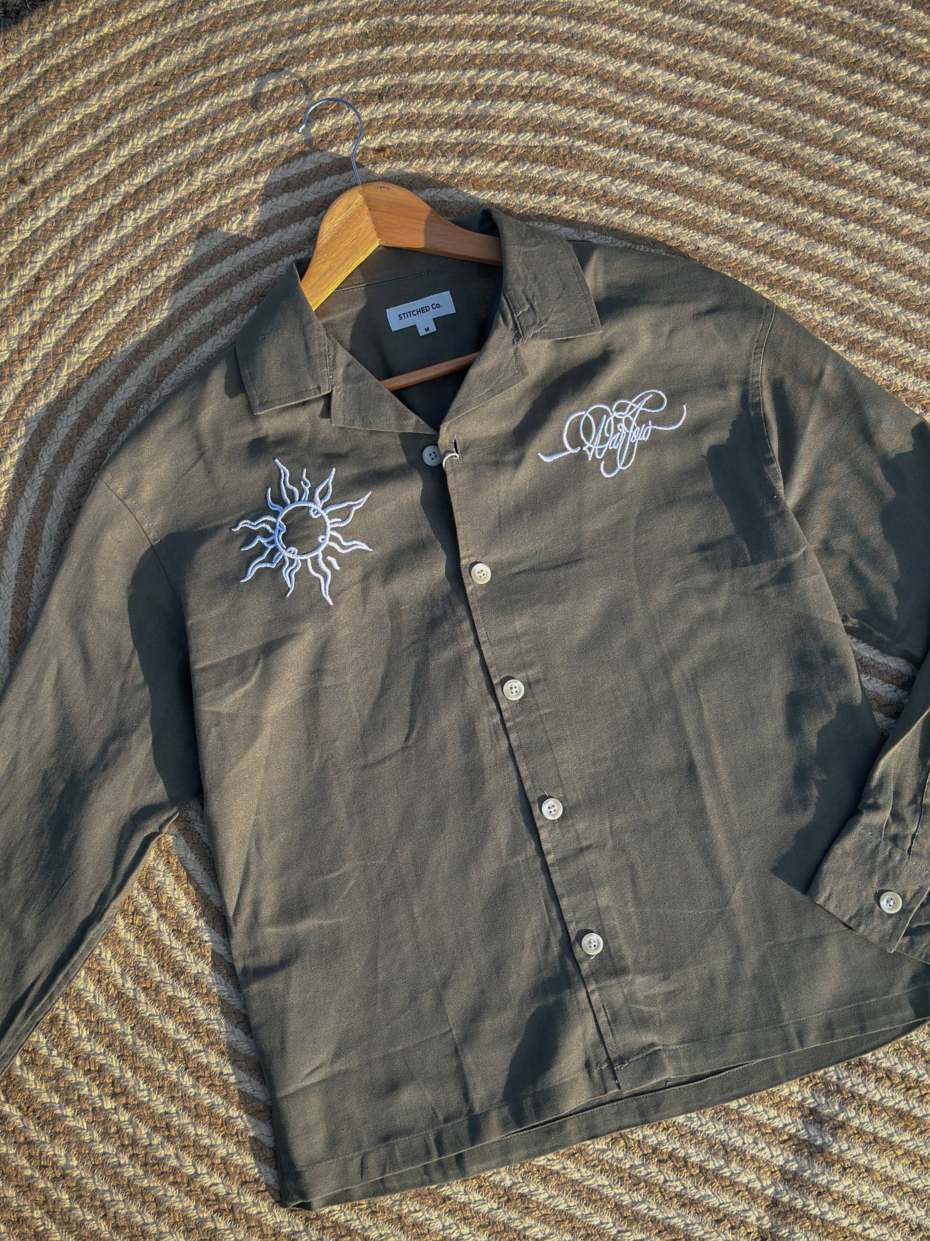 Unisex Olive embroidery cuban boxy shirt