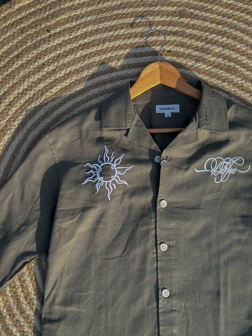 Unisex Olive embroidery cuban boxy shirt