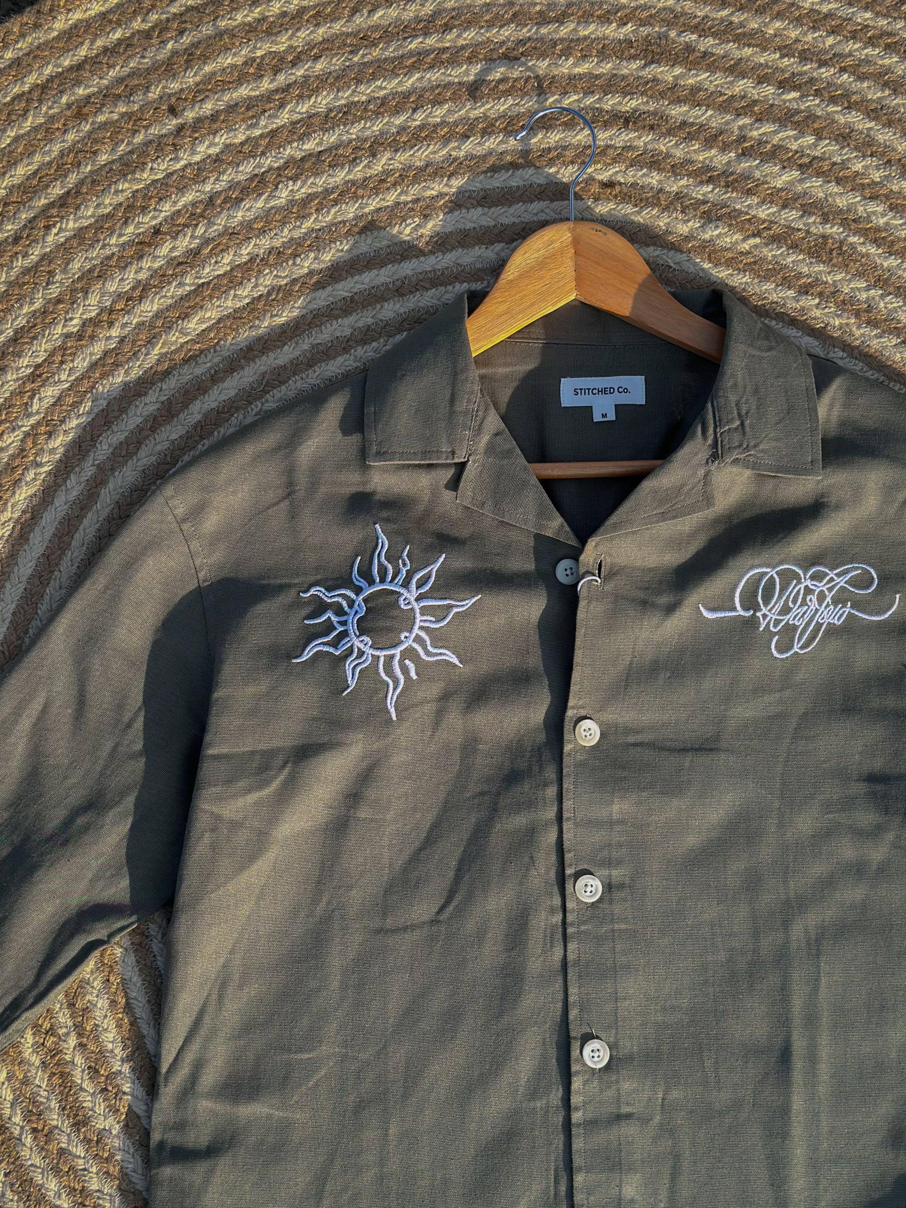 Unisex Olive embroidery cuban boxy shirt