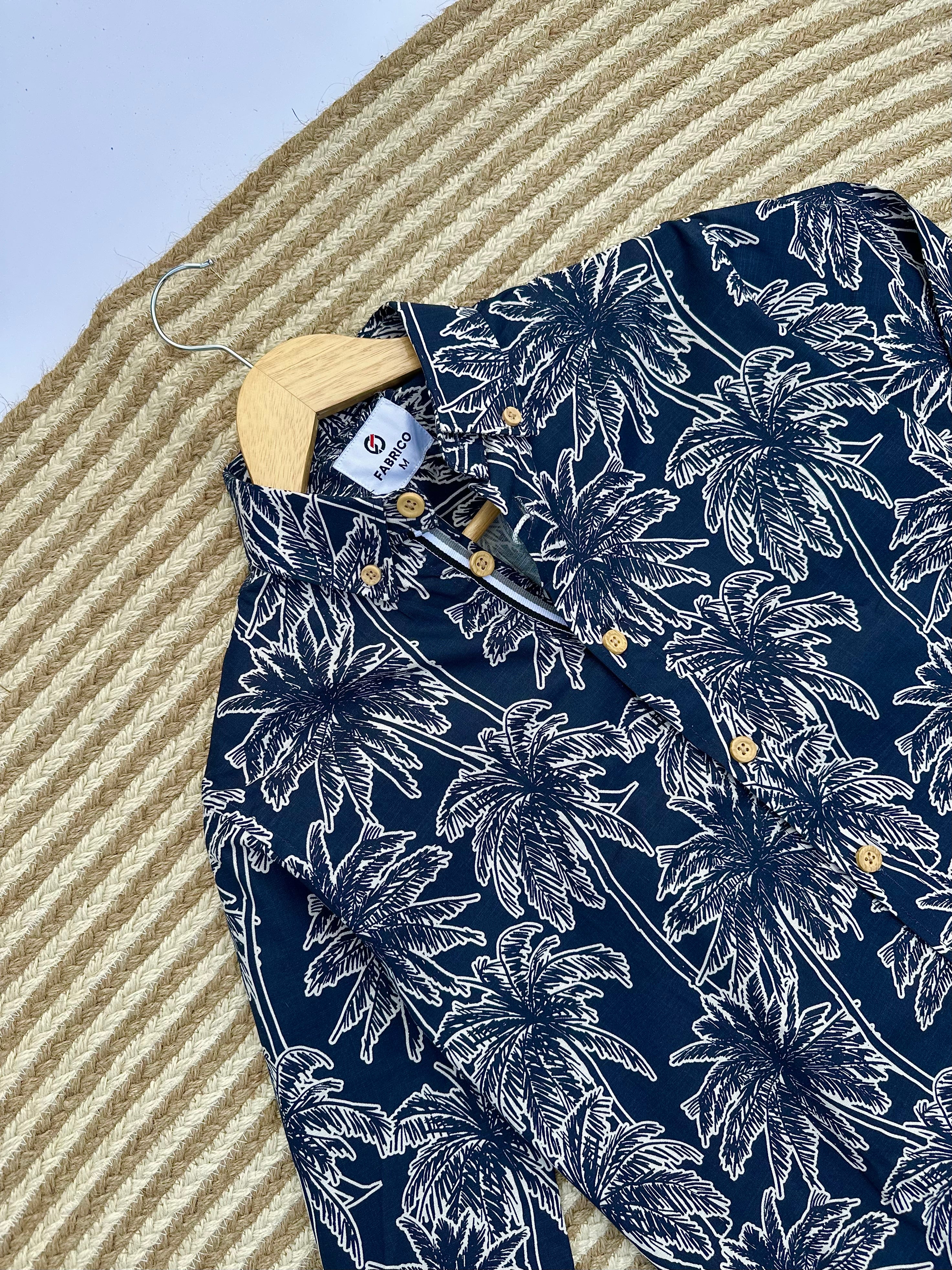 Navy Tropical Palm Print Shirt