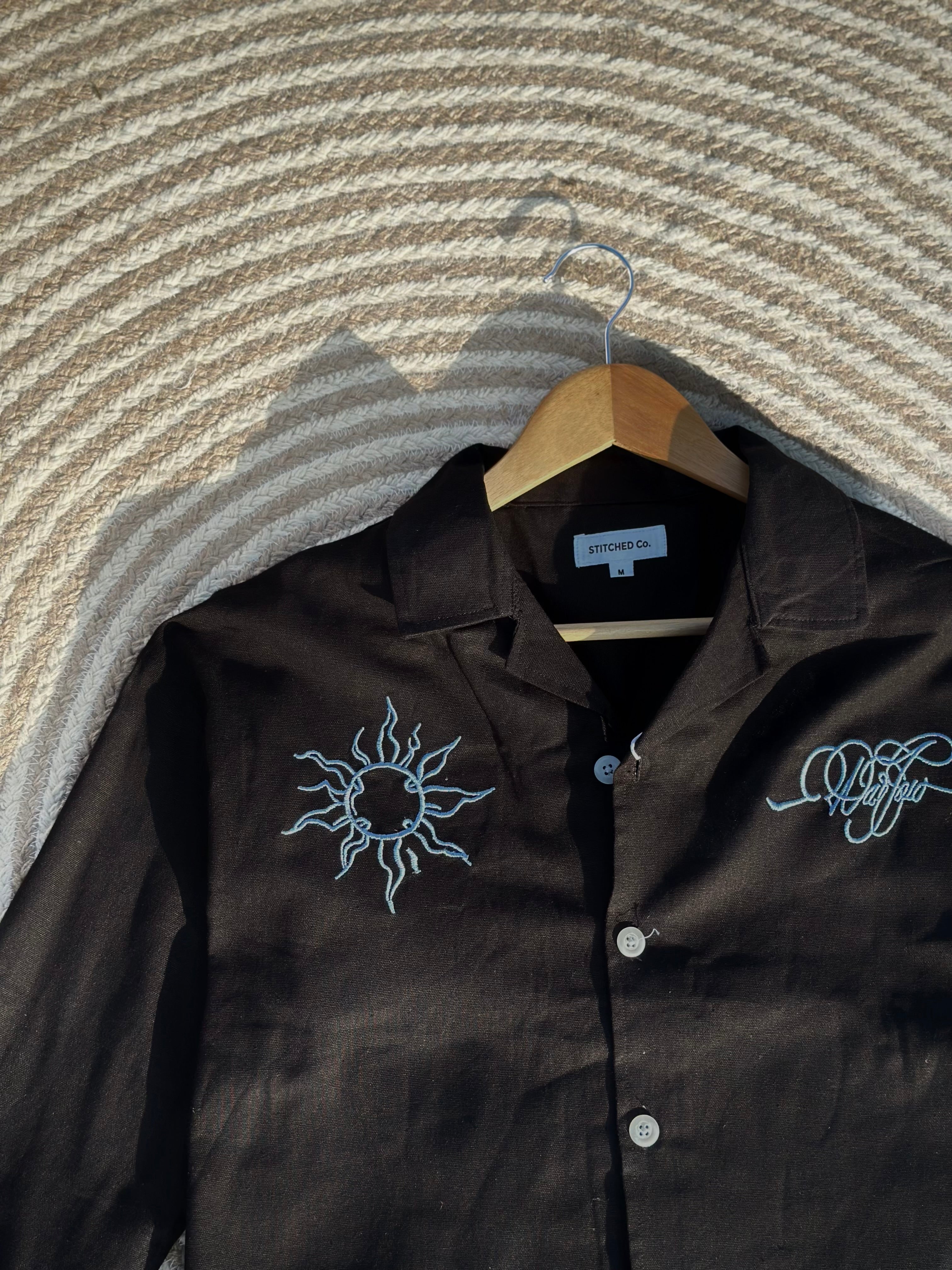 Unisex Black embroidery cuban boxy shirt