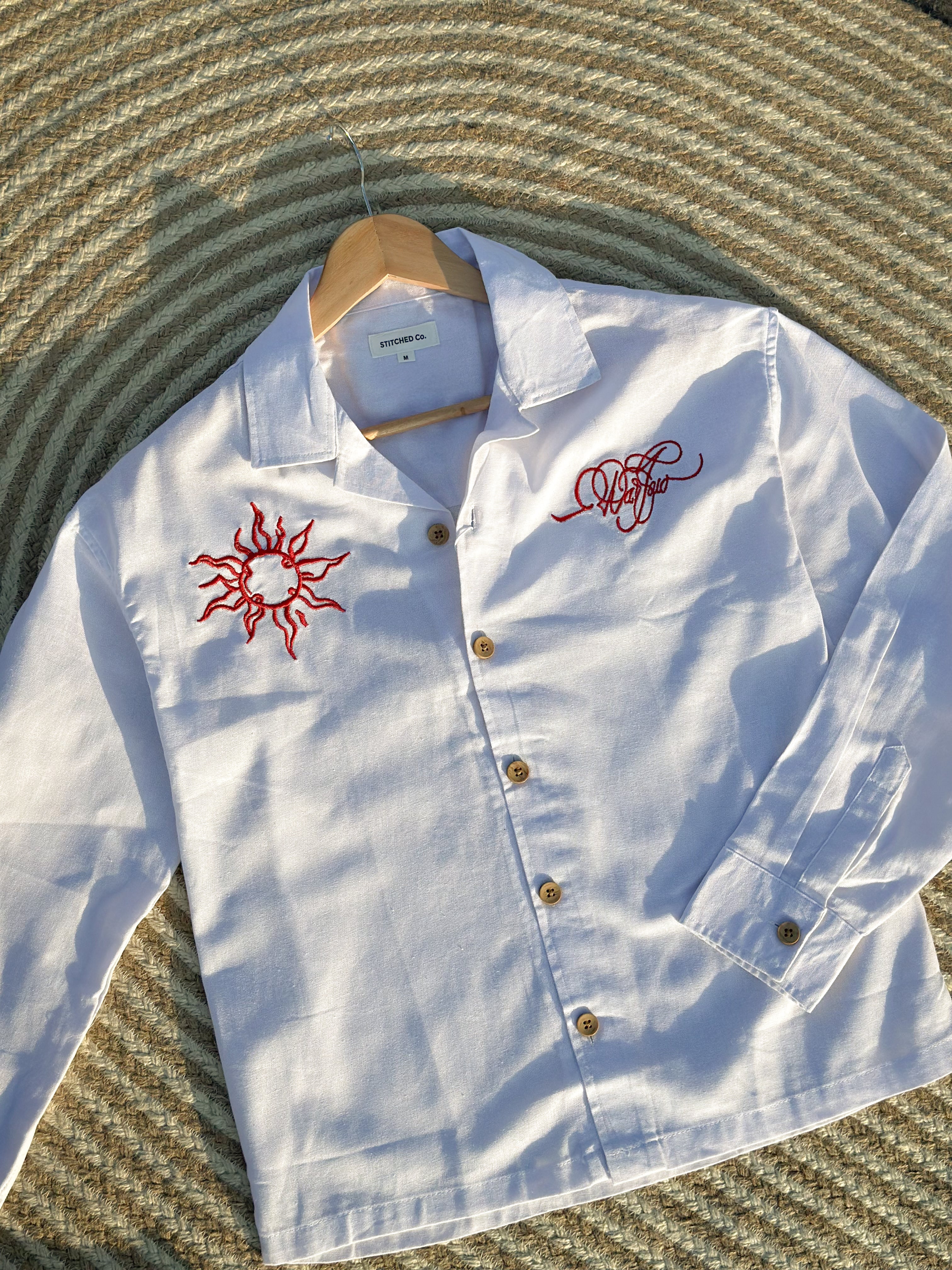 Unisex White embroidery cuban boxy shirt