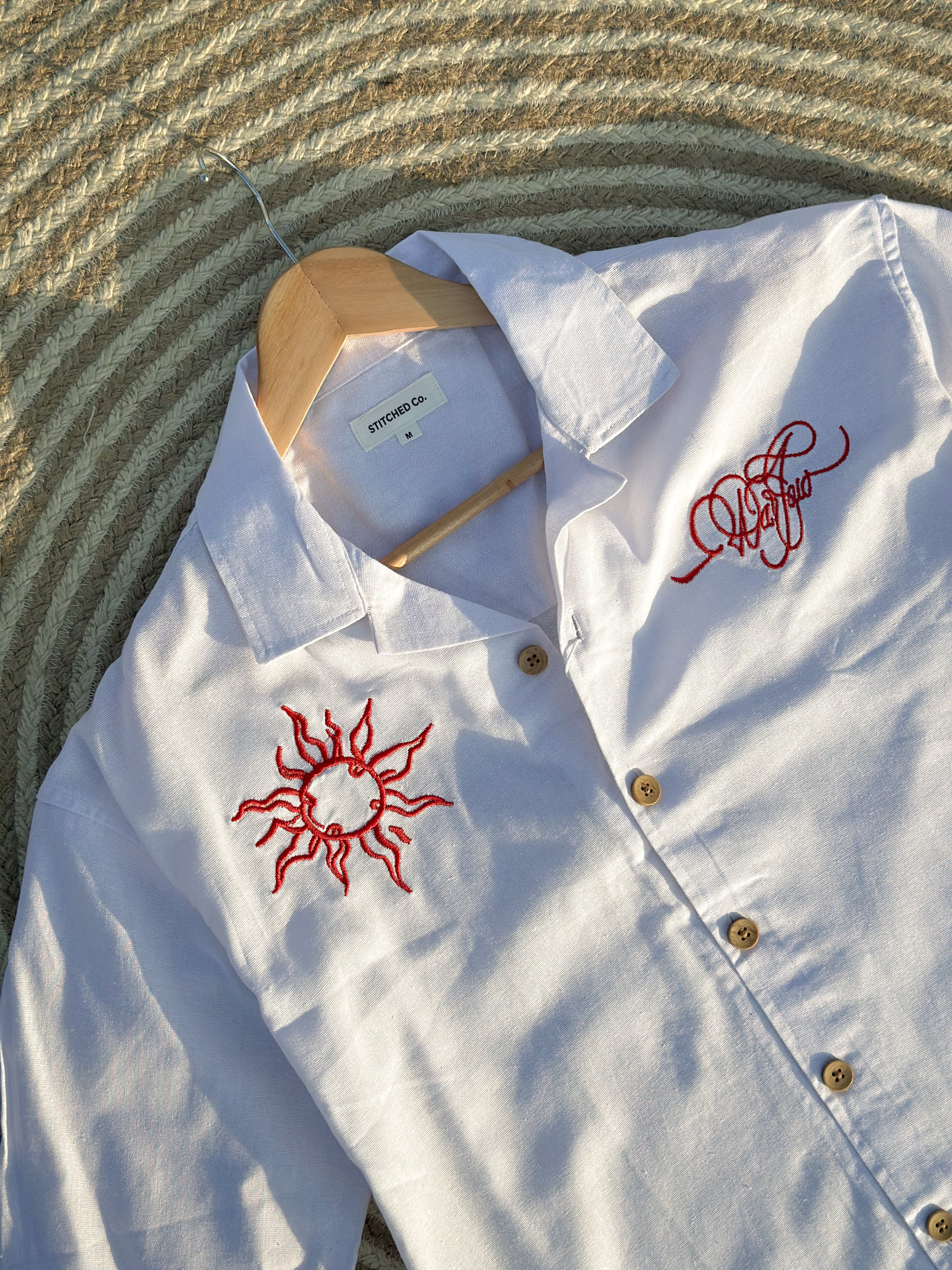 Unisex White embroidery cuban boxy shirt