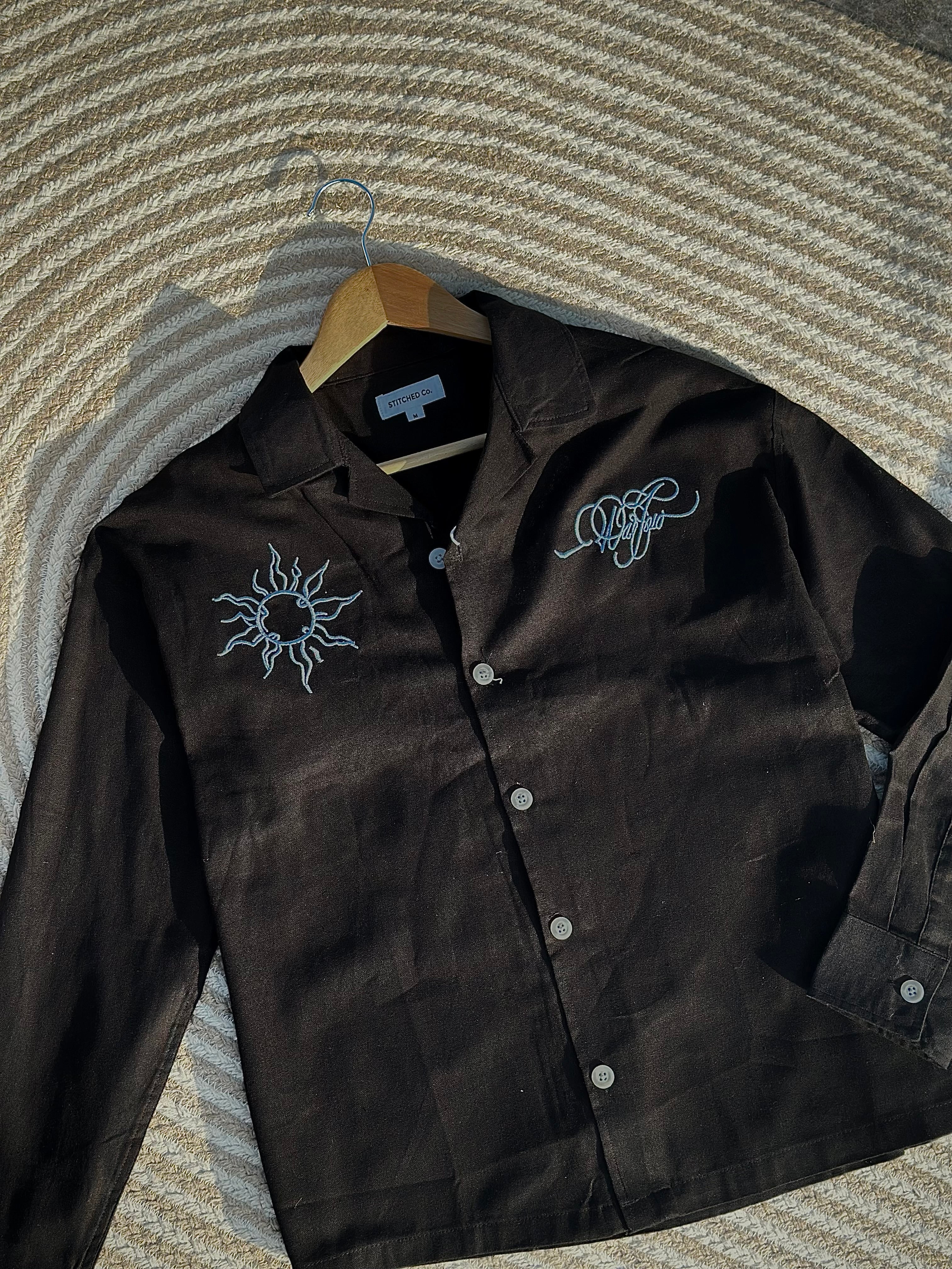 Unisex Black embroidery cuban boxy shirt