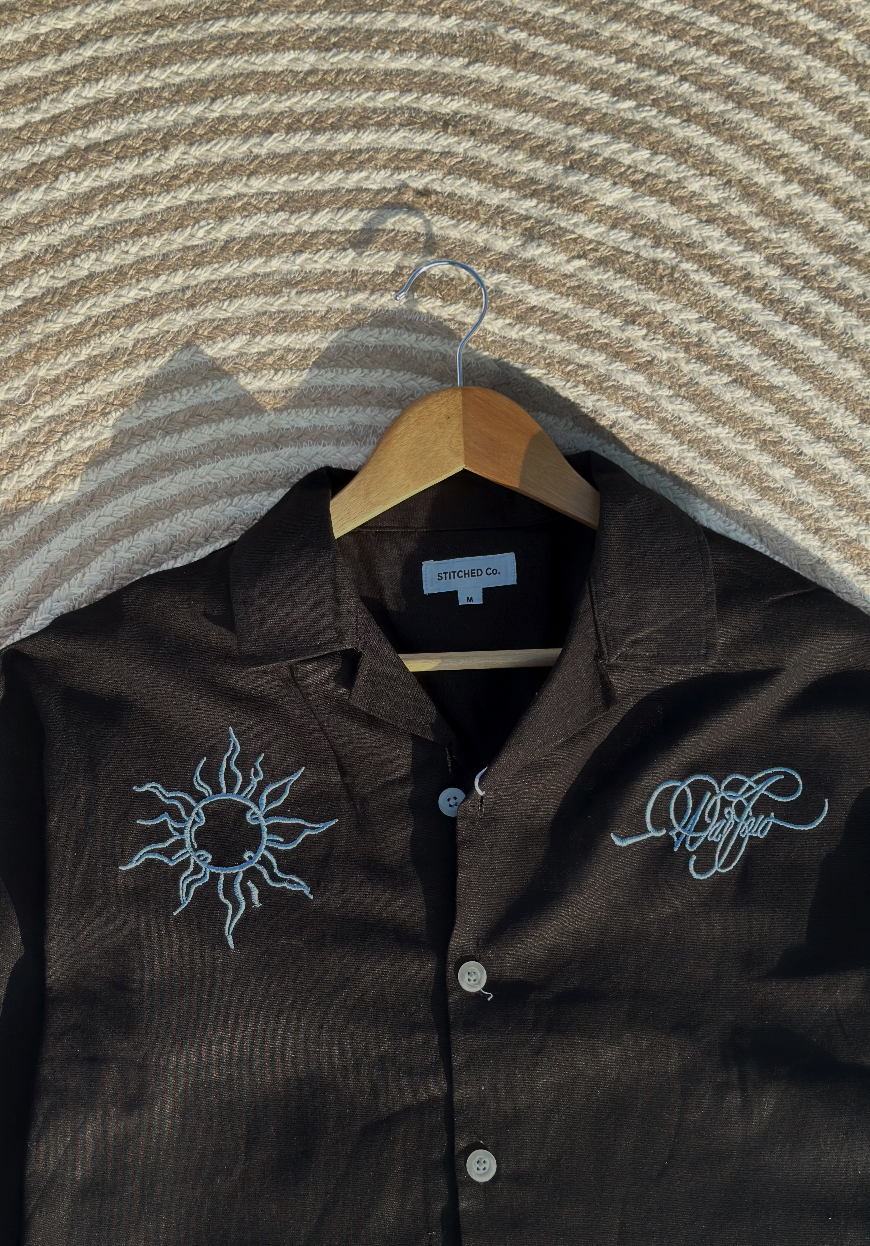 Unisex Black embroidery cuban boxy shirt