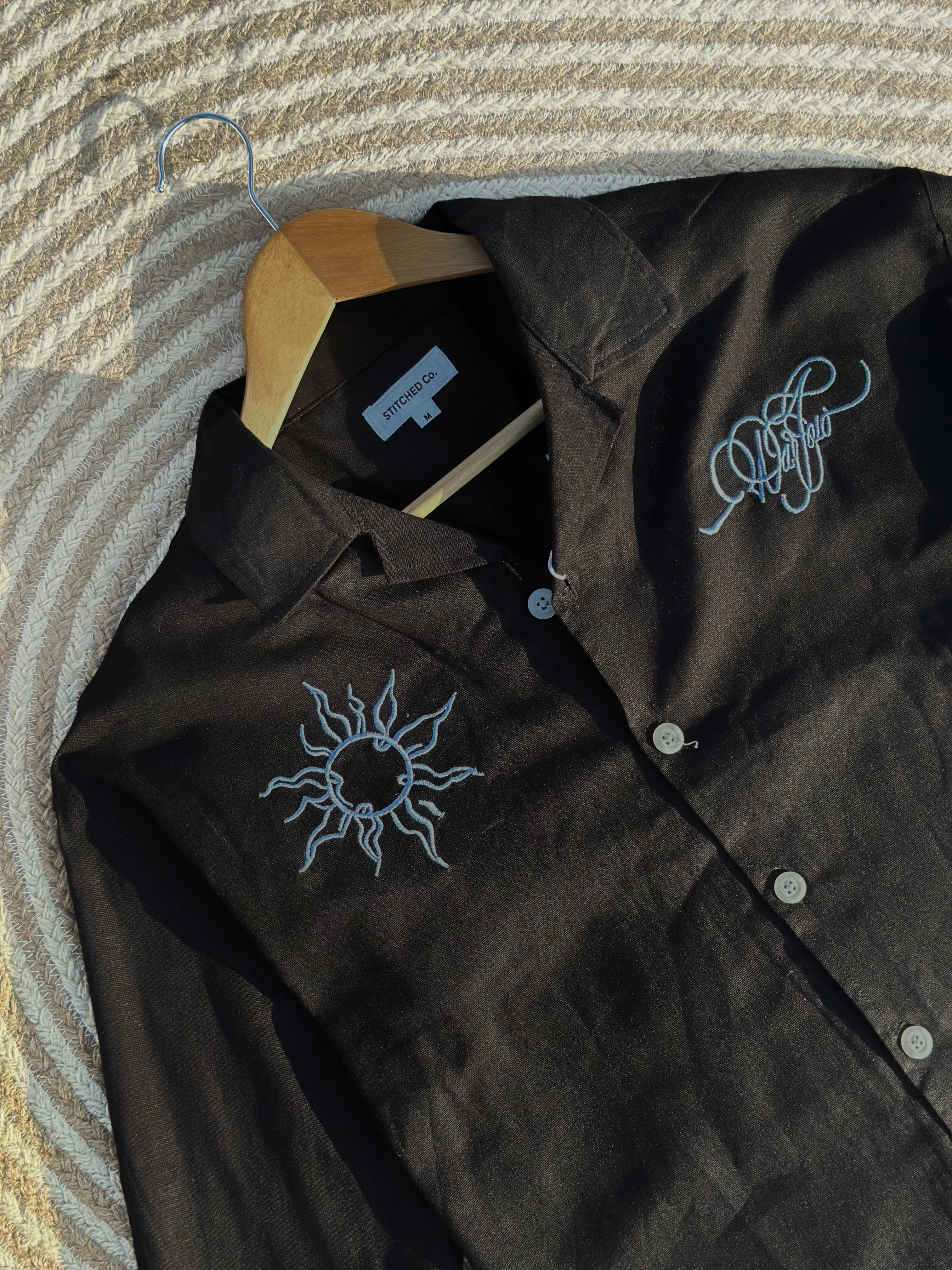 Unisex Black embroidery cuban boxy shirt